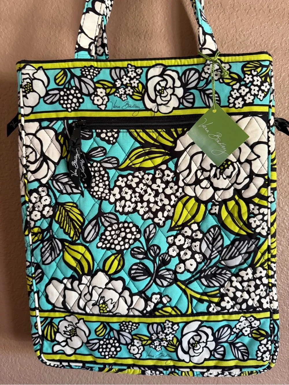 Vera Bradley Island Blooms Laptop Travel Quilted Tote with Lime Accents NWT